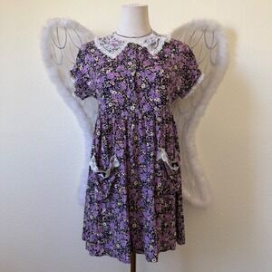 Girlhoodcore Vintage 90s Floral Lace Collar Button Front Dress Purple Babydoll